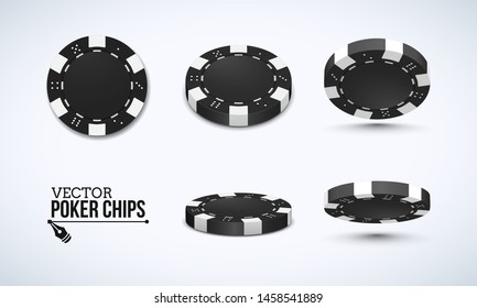 Poker chips in different position. Black chips isolated on light background. Vector illustration.