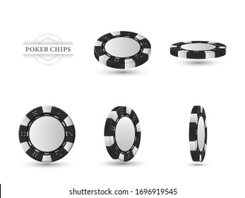 Poker chips in different position. Black chips isolated on light background. Vector illustration.