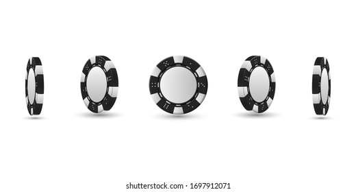 Poker chips in different position. Black chips isolated on light background. Vector illustration.