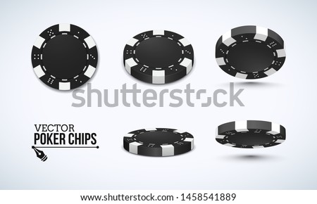 Poker chips in different position. Black chips isolated on light background. Vector illustration.