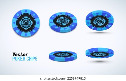Poker chips in different position. Blue chips isolated on light background. Vector illustration.
