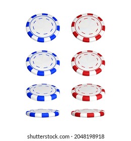Poker chips in different position. Color red and blue casino chips isolated on white background. Vector illustration