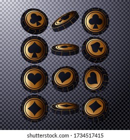 Poker chips in different position. gold chips isolated on transparent background. Vector illustration.
