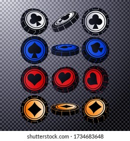 Poker chips in different position on transparent background. Vector illustration.