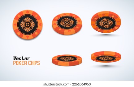 Poker chips in different position. Orange chips isolated on light background. Vector illustration.