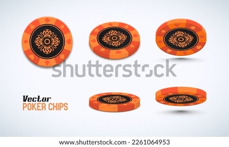 Poker chips in different position. Orange chips isolated on light background. Vector illustration.