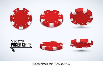 Poker chips in different position. Red chips isolated on light background. Vector illustration.