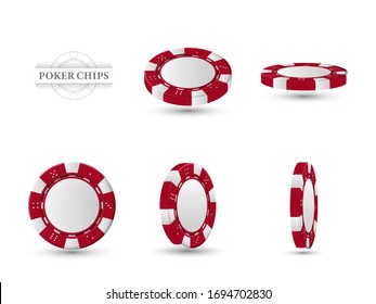 Poker chips in different position. Red chips isolated on light background. Vector illustration.