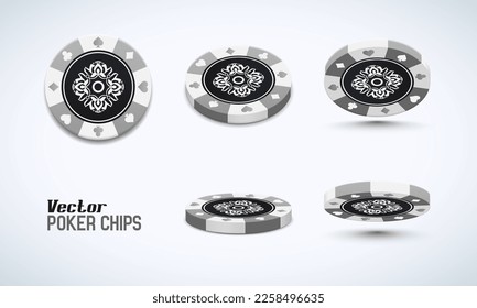 Poker chips in different position. White chips isolated on light background. Vector illustration.