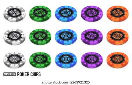 Poker chips in different position. White, green, blue, purple and orange chips isolated on white background. Vector illustration.