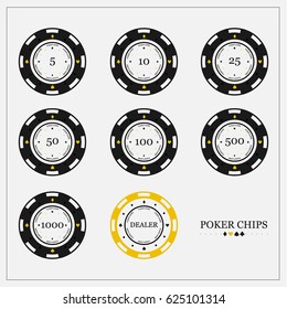 Poker chips in flat style. The value 5,10,25,50,100,500,1000. Dealer