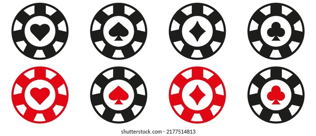 Poker chips flat vector icons set. Lucky Game Suit Casino Roulette Glyph Pictogram. Playing poker concept. Vector illustration