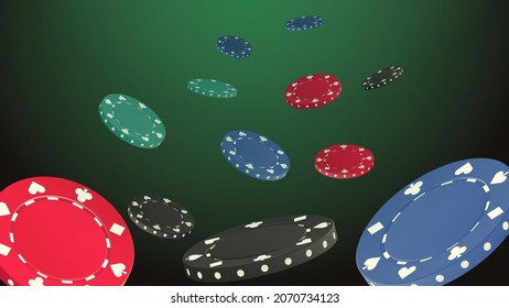 Poker chips flying or pouring. Gambling game, casino 3d golden chips. Red, blue, green and black colors. Gamble game money, luck, jackpot, win illustration. Vector illustration