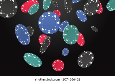 Poker chips flying or pouring. Gambling game, casino 3d golden chips. Red, blue, green and black colors. Gamble game money, luck, jackpot, win illustration. Vector illustration