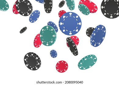 Poker chips flying or pouring. Gambling game, casino 3d golden chips. Red, blue, green and black colors. Gamble game money, luck, jackpot, win illustration. Vector illustration