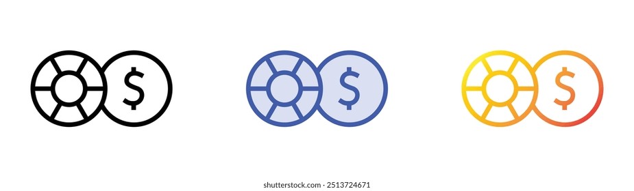 Icono de fichas de póquer. Lineal, relleno azul y diseño de estilo degradado aislado sobre fondo blanco