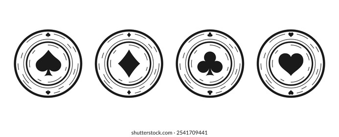 Jogo de ícone de fichas de pôquer. Ícone de fichas de poker no casino isolado. Símbolos de pôquer com espadas, corações, diamantes, paus. Jogando conceito de fichas de jogo. Ilustração vetorial.