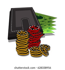 Poker chips. Icon for your design. Yellow and red chips with a purse and money.