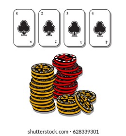 Poker chips. Icon for your design. Yellow and red chips on white background and four cards. Concept of the game