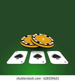 Poker chips. Icon for your design. Two yellow chips and cards on the table in the projection