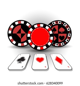 Poker chips. Icon for your design. Three different chips and three cards on the table