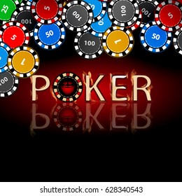 Poker chips. Icon for your design. An inscription of poker on a red background and lots of assorted chips hang overhead