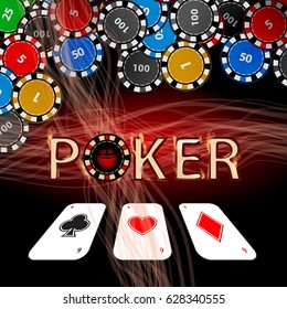 Poker chips. Icon for your design. An inscription of poker on a red background and a lot of assorted chips hang overhead and three cards of different suits