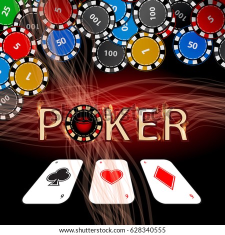 Poker chips. Icon for your design. An inscription of poker on a red background and a lot of assorted chips hang overhead and three cards of different suits