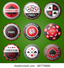 Poker chips Icons set, casino design elements, emblems, symbols, icons, labels, badges, objects. Casino Business signs template, logo, poker house identity concept.