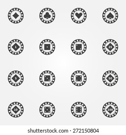 Poker chips icons - vector black gambling symbols set 