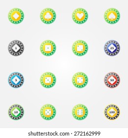Poker chips icons - vector bright gambling signs set 