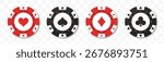 Poker chips icons vector set, gambling tokens with suits for poker, online casino gambling, spades hearts diamonds clubs, betting, vector 10 eps.
