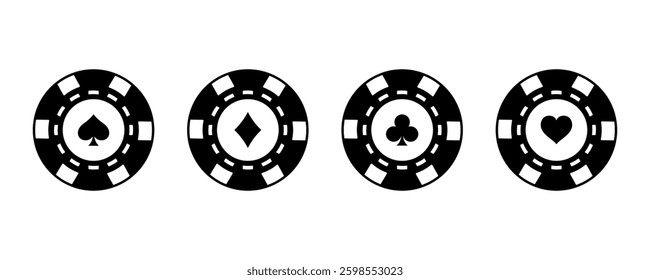 Poker chips icons vector set. Playing poker concept. Casino poker chip logo. Poker symbols with spades, hearts, diamonds, clubs