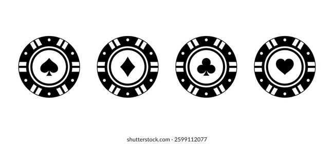 Poker chips icons vector set. Playing poker concept. Poker symbols. Isolated casino poker chip logo.