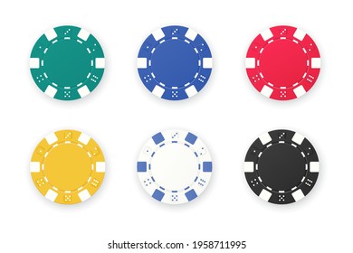 Chiapas de póquer aislados de fondo. Colores verdes, azules, rojos, amarillos, blancos y negros. Juego de seis juegos de azar como dados de póquer o fichas de ruleta. Ilustración del vector