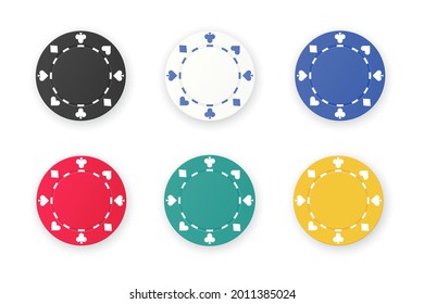 Poker chips isolated background. Green, blue, red, yellow, white and black colors. Set of six gambling game like poker dice or roulette chips. Vector illustration