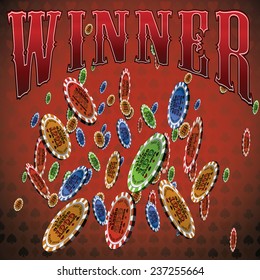 Poker chips many falling red background text winner.