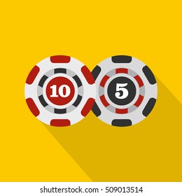 Poker chips nominal five and ten icon. Flat illustration of poker chips vector icon for web isolated on yellow background