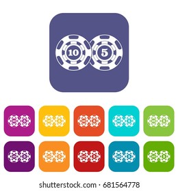 Poker chips nominal five and ten icons set vector illustration in flat style in colors red, blue, green, and other