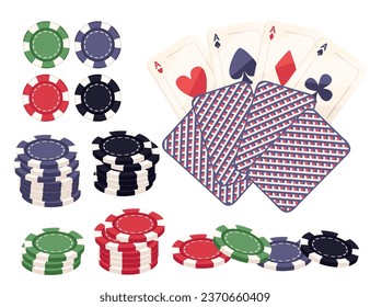 Poker chips with playing card for casino vector illustration isolated on white background
