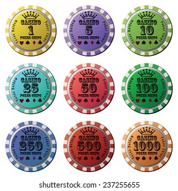 Poker chips set isolated white background.