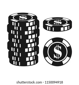 Poker chips set of vector black objects or elements isolated on white background