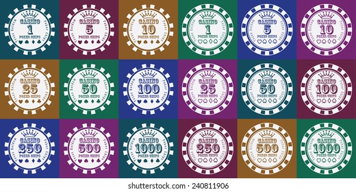 poker chips set white on color.