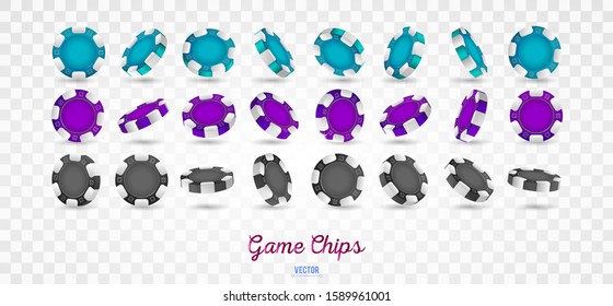Poker chips in shown from different angles, position. Pink, blue, black chips isolated on transparent background. Vector illustration.