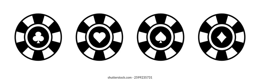 Poker chips. Spades. Hearts. Clubs. Diamonds. Casino chips. Chip vector icon isolated on white background. Vector icon for web application or UI