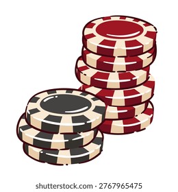 Poker chips stacks with red and black striped casino tokens, round markers and layered pile composition. Table play, betting and mafia game props with poker chips, vector illustration.