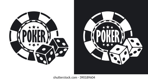 Poker chips with two dices, vector icon. Two-tone version on black and white background