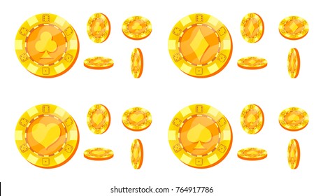 Poker Chips Vector. Card Suits Sign. Flat, Cartoon Set. Gold Poker Game Chips Isolated On White Background. Flip Different Angles. Award Icons. Casino Gambling Chips Illustration.