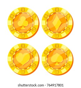 Poker Chips Vector. Card Suits Sign. Flat, Cartoon Set. Game Money. Gold Poker Game Chips Sign Isolated On White Background. Casino Gambling Chips Illustration.