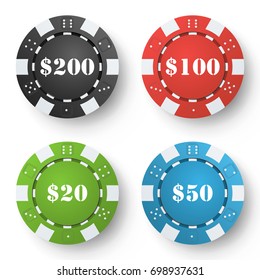 Poker Chips Vector. Set Classic Colored Poker Chips Isolated On White. Red, Black, Blue, Green Casino Chips Illustration.